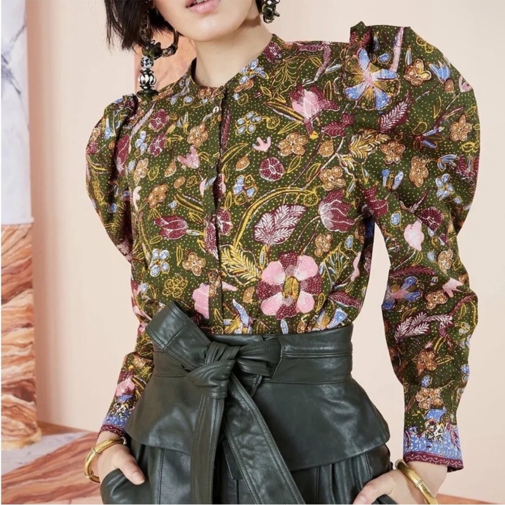 Ulla Johnson Willa Puff Sleeve Cotton Blouse Pine Green Floral Size 6